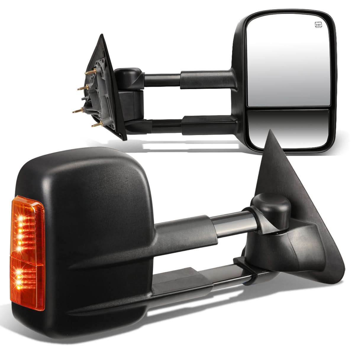K2 Industries heated towing mirrors for 2014-2020 Chevrolet Silverado and GMC Sierra trucks, featuring powered adjustment and black finish