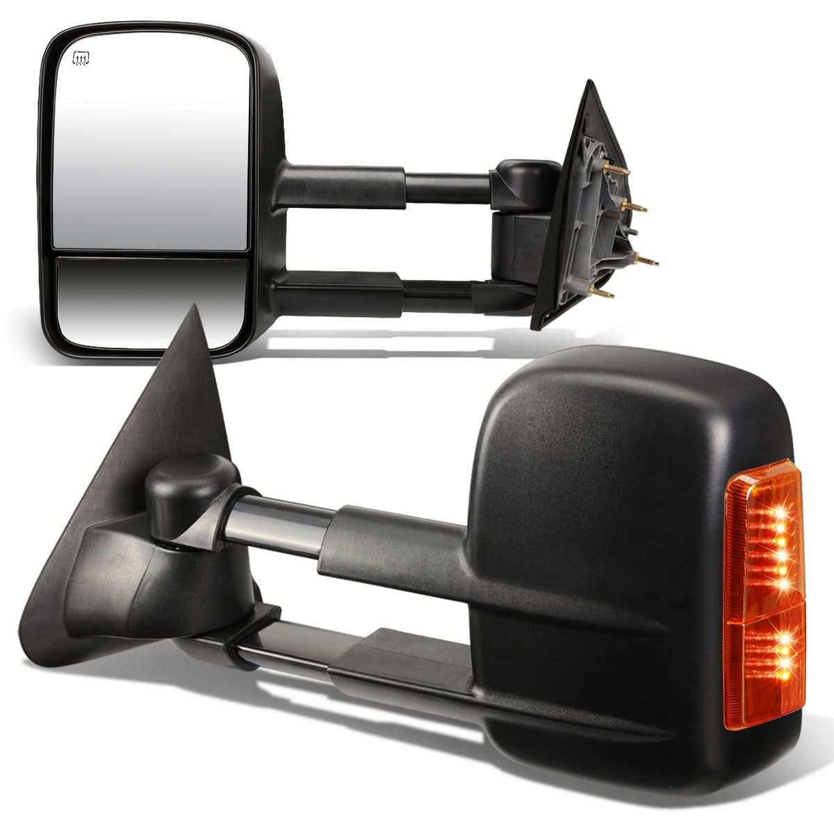 K2 Industries heated towing mirrors for 2014-2020 Chevrolet Silverado and GMC Sierra trucks, featuring power adjustment and black finish.