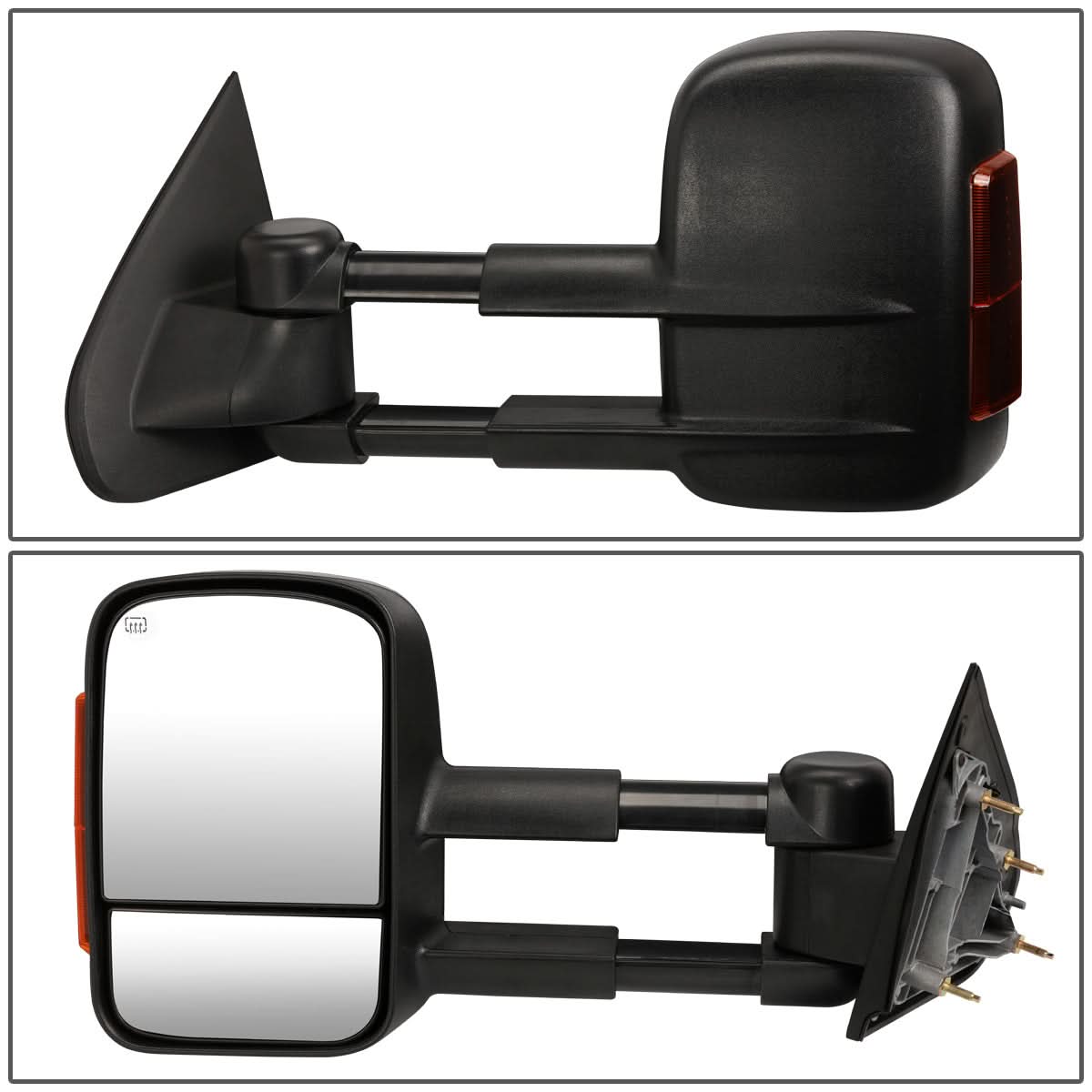 K2 Industries heated towing mirrors for 2014-2020 Chevy Silverado and GMC Sierra trucks, featuring powered adjustment and black housing.