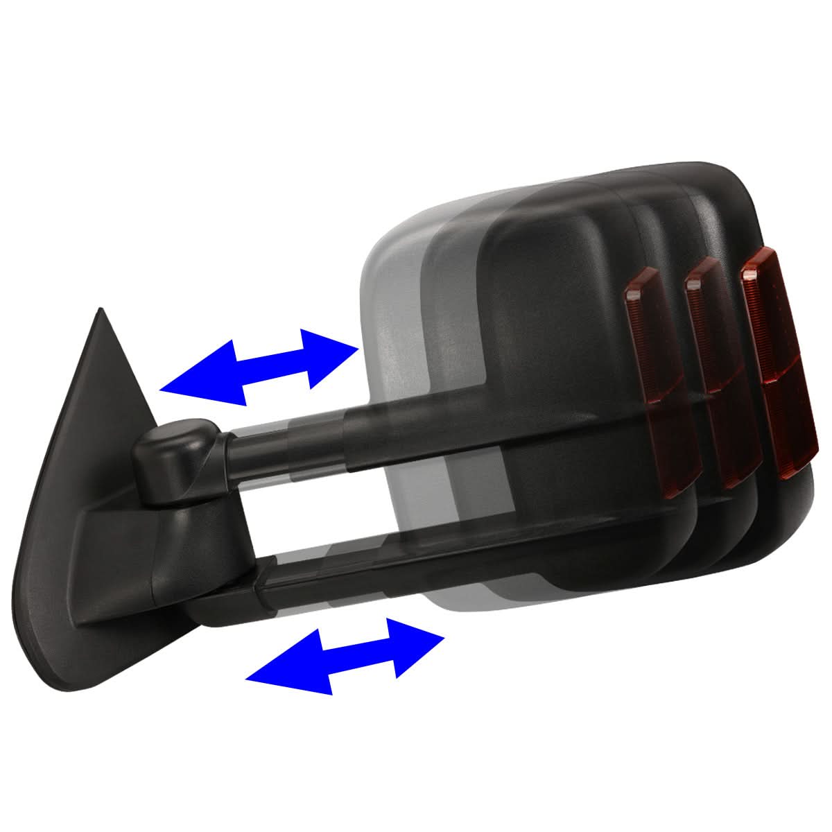 K2 Industries heated towing mirrors for 2014-2020 Chevrolet Silverado and GMC Sierra trucks, side view with integrated turn signals.