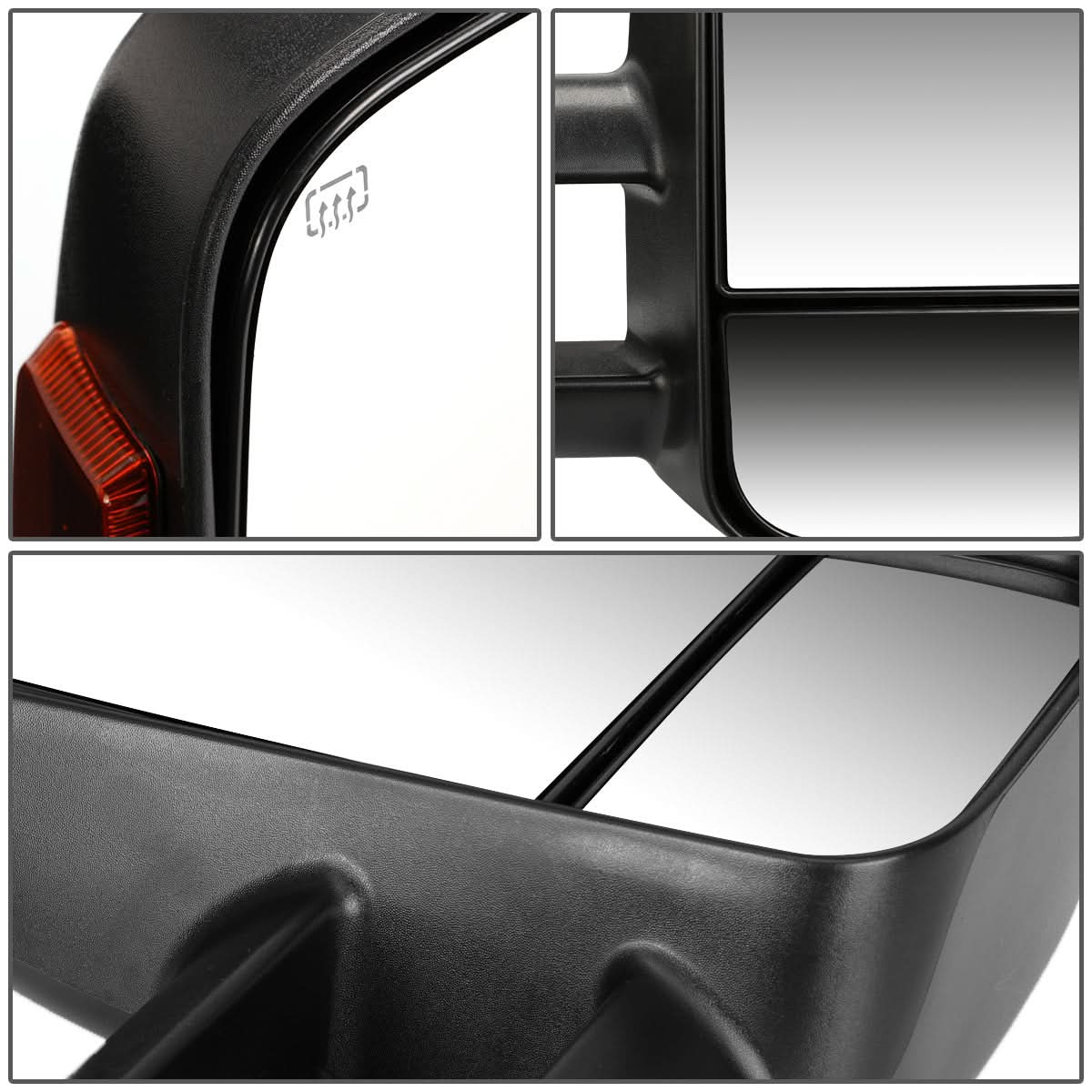 K2 Industries heated towing mirrors for 2014-2020 Chevrolet Silverado and GMC Sierra trucks, featuring powered adjustment and black finish.