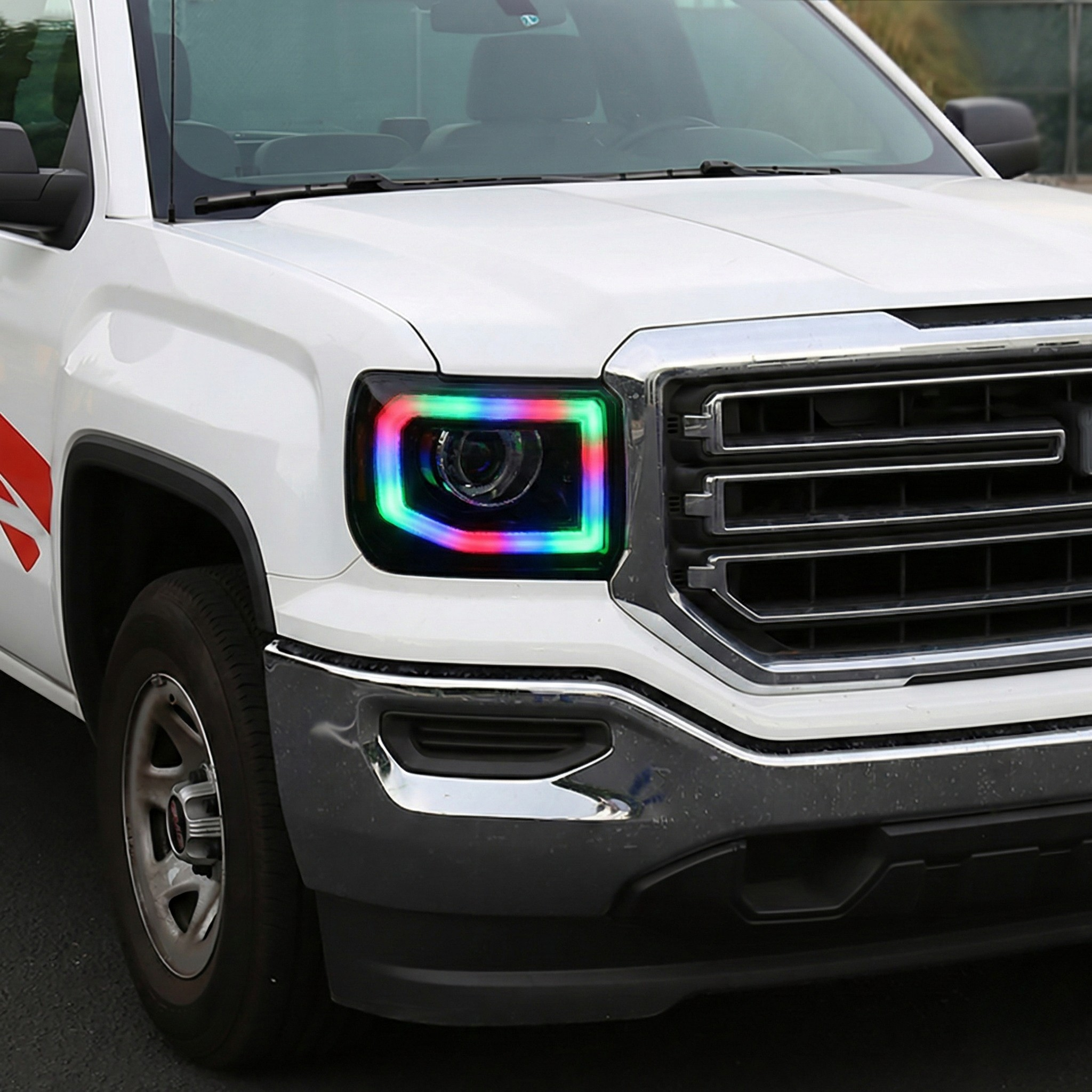 NTXGlow RGB headlights for 2014-2019 GMC Sierra 1500, 2500, 3500 with multiple color options and modern design.