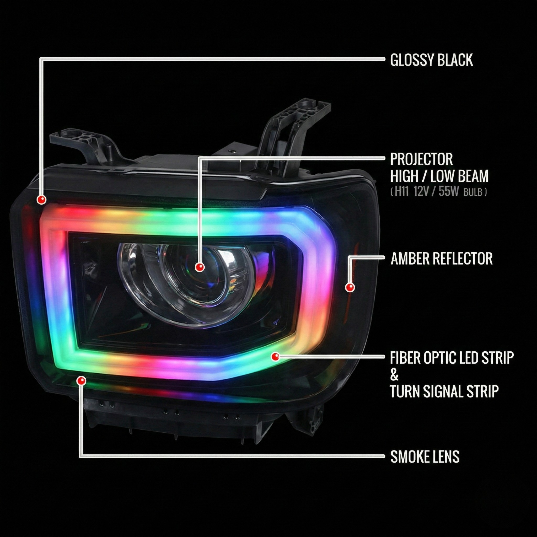 NTXGlow RGB headlights installed on a 2014-2019 GMC Sierra 1500, 2500, and 3500, showcasing vibrant multi-color LED lighting.