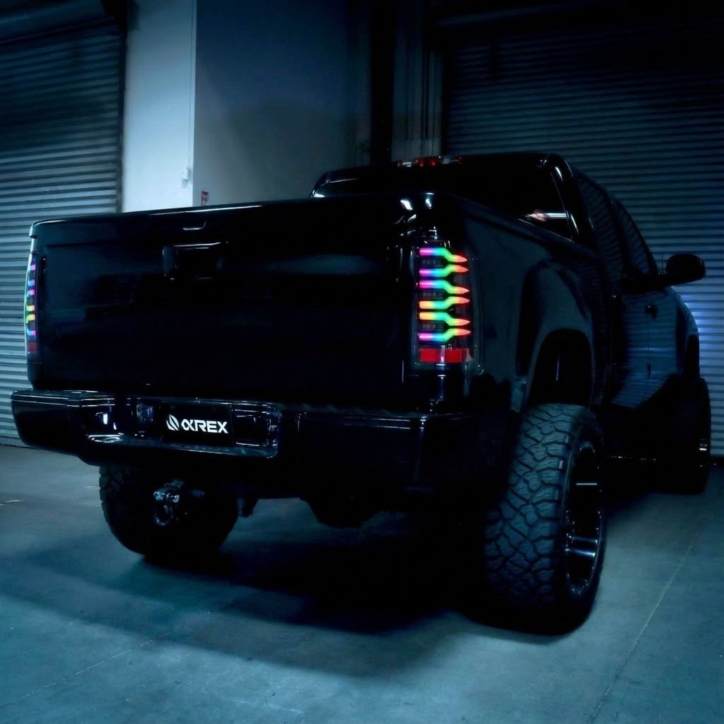 NTXGlow RGB LED tail lights for 2007-2013 GMC Sierra, showcasing vibrant red and white lighting with sleek design details.