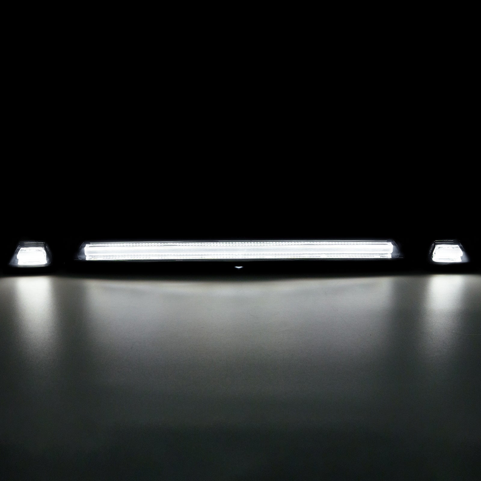 GMC Chevy HD smoked white amber LED roof cab lights installed on vehicle exterior, showcasing interior and exterior lighting details.