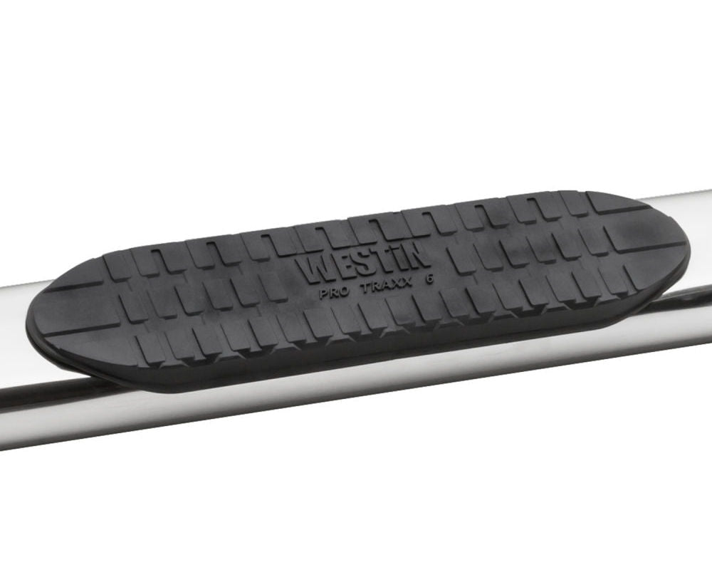 Westin 2007-2018 Chevy Silverado 1500 Crew Cab PRO TRAXX 6 Oval Nerf Step Bars in stainless steel, mounted on pickup truck side.