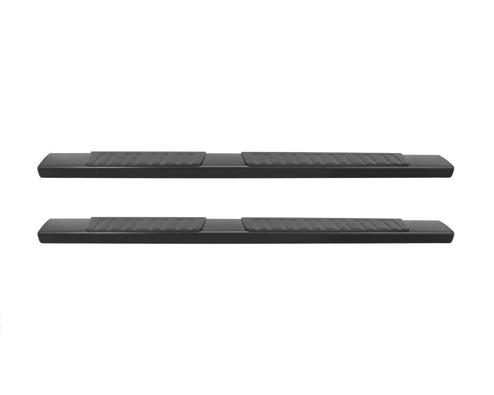 Black Westin R7 Nerf Step Bars installed on a 2007-2018 Chevy Silverado Crew Cab, showing the sturdy, textured step surface.