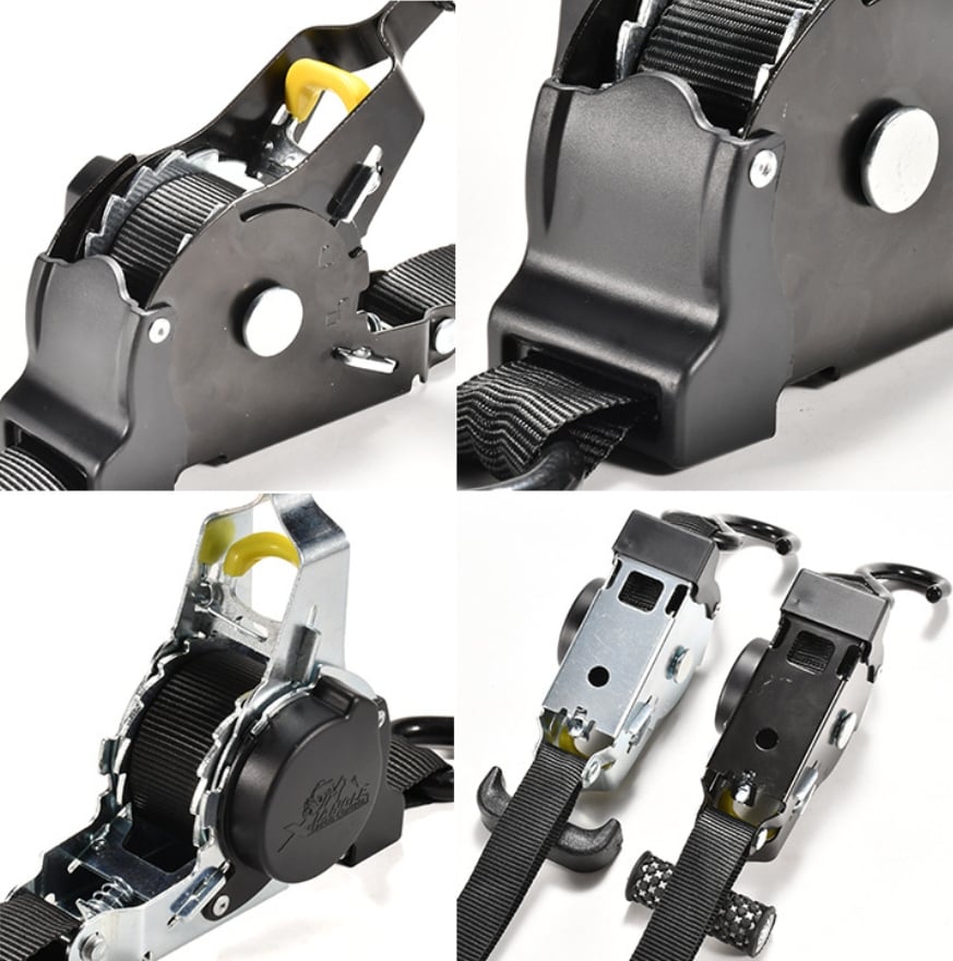 Gm Service Guy auto cargo straps with retractable belts and ratchet tensioner for motorcycle and car load securement.