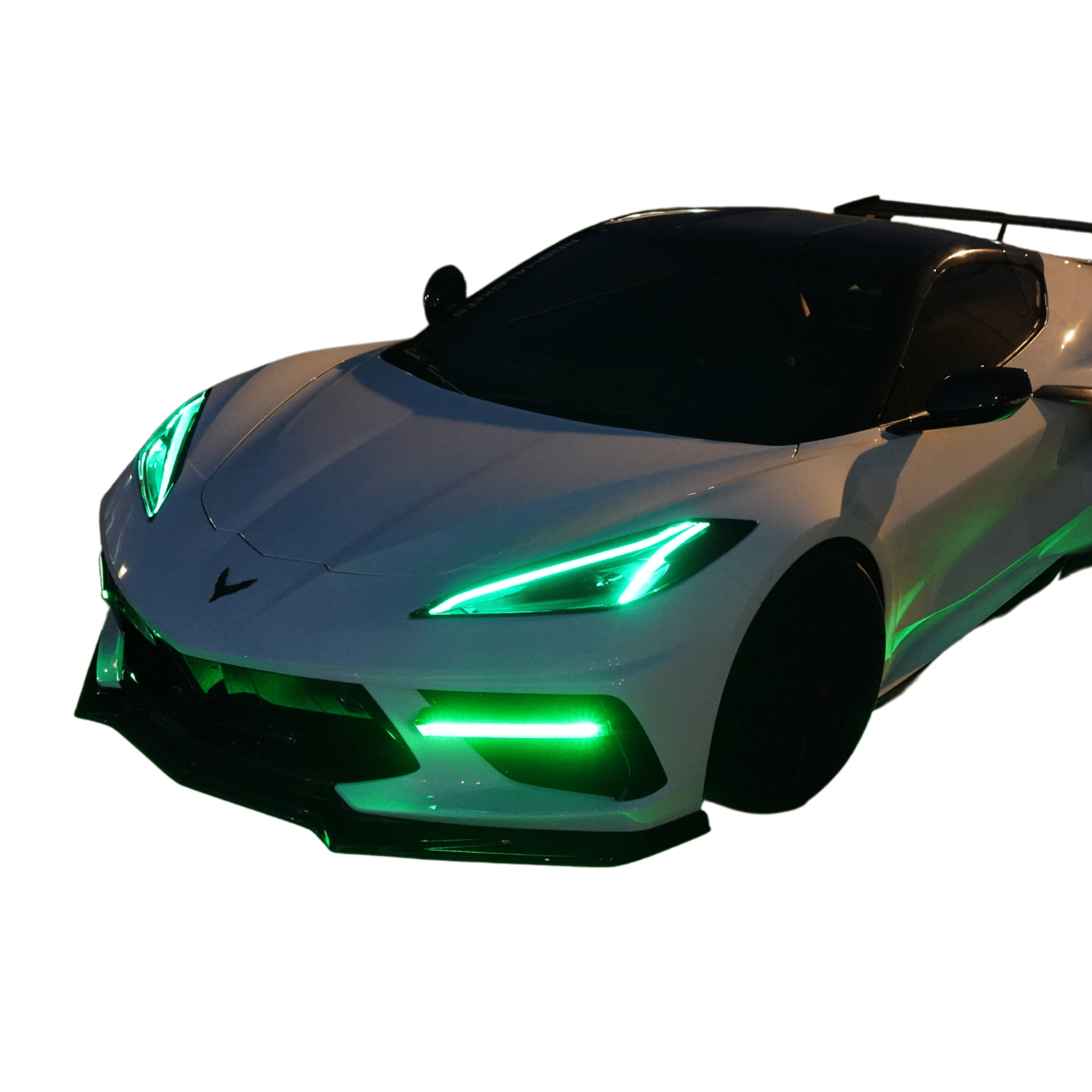 Chevrolet Corvette C8 RGBW+A DRL boards installed, showcasing vibrant LED daytime running lights on a 2020-2025 model.