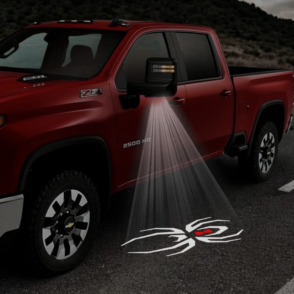 Chevrolet Silverado side wing mirror puddle lights from Custom Puddle Lights in various designs for 2014-2026, black widow edition.