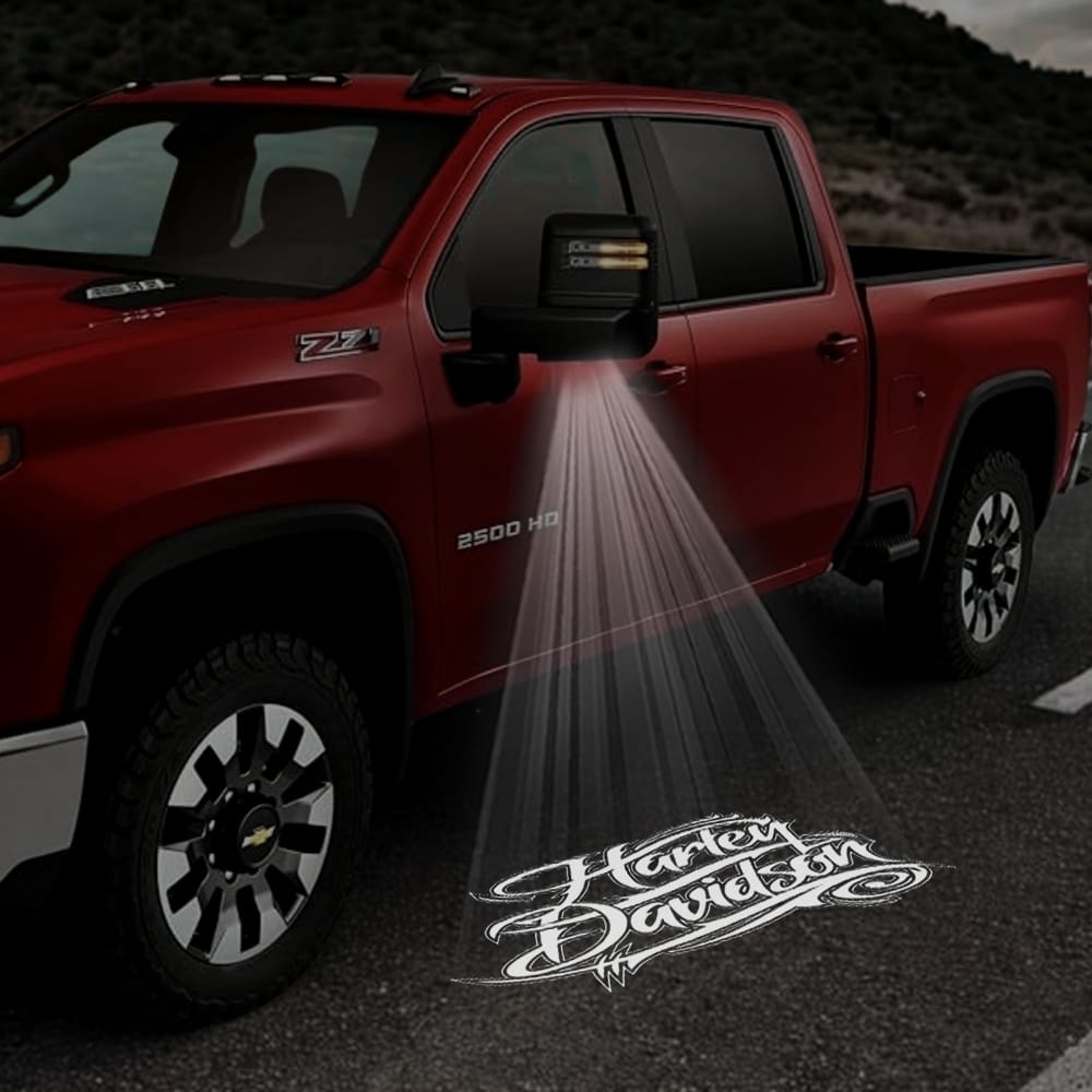 Chevrolet Silverado custom side wing mirror puddle lights with Harley-Davidson logo, designed for 2014-2026 pickup trucks.