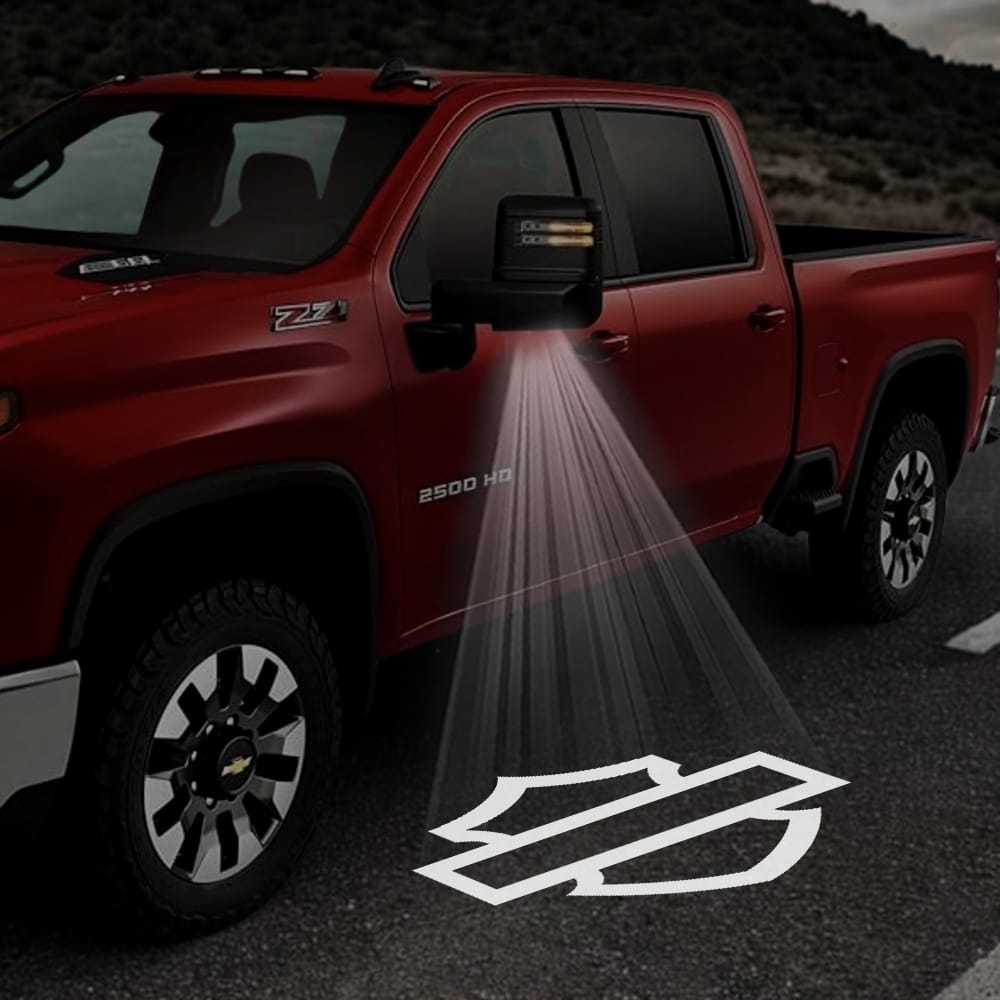 Pair of Chevrolet Cheyenne 4th Gen premium side wing mirror puddle lights with Harley-Davidson logo, designed for Tahoe and Suburban 2015-2026.