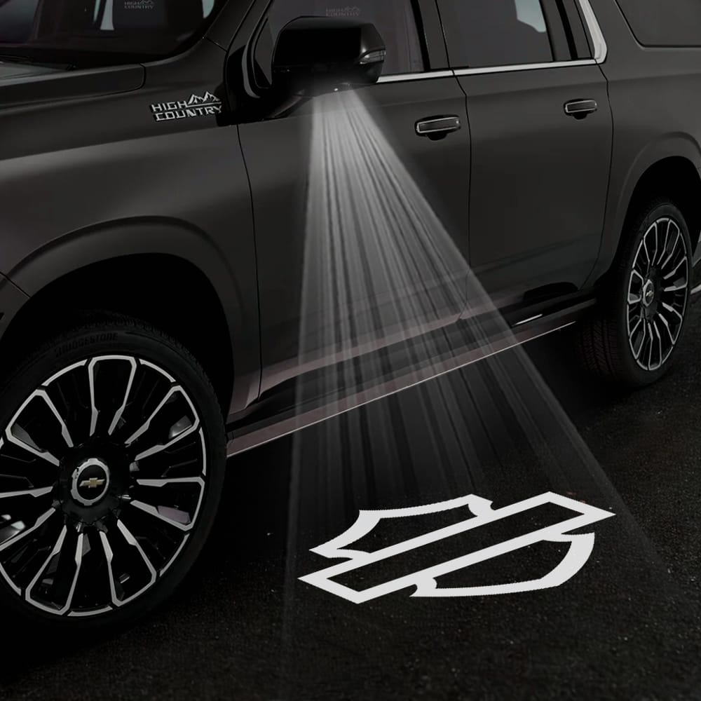 Chevrolet Suburban 11th/12th gen custom under-side wing mirror projector puddle lights with Harley-Davidson logo, pair of two.