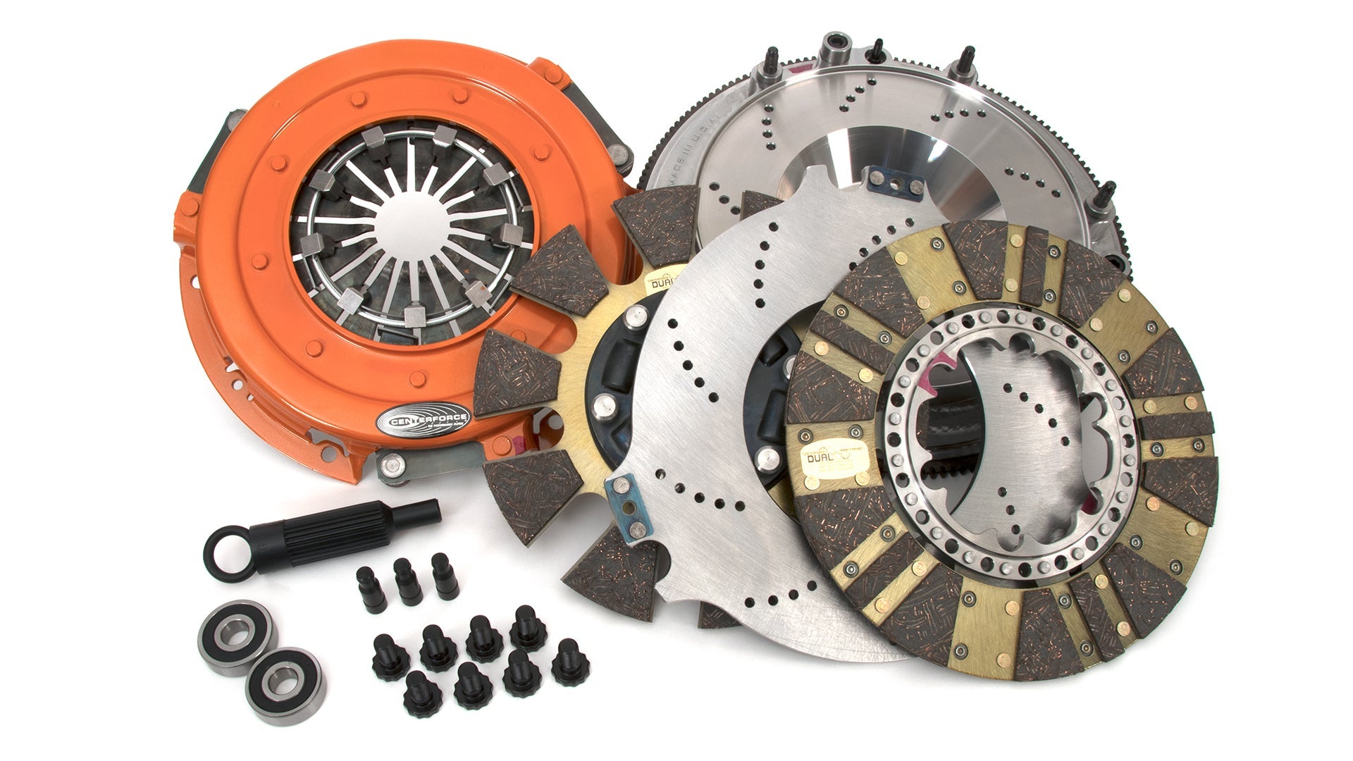 Centerforce DYAD ? DS 10.4 Multi-Disc Clutch And Flywheel Kit 49.70 Lbs 168 Tooth Gear 0 In/oz Internally Balanced 8 Bolt Crank 1300 Ft/lbs Capacity 10.4in Dia. 26-Spline Fits Cadillac/Chevrolet CTS And Camaro V 6.2L Montgomery Parts