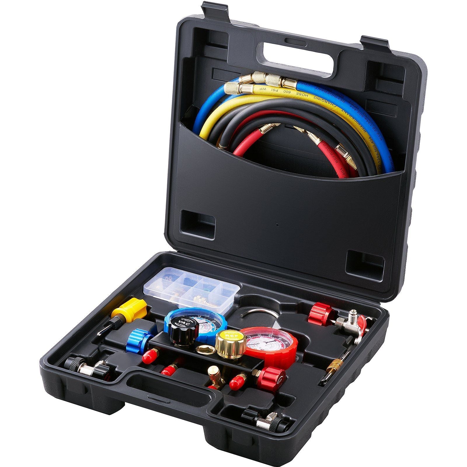 VYSN 4 Way AC gauge set for automotive refrigerants R134A R22 R12 R410A with 5ft hoses, couplers, and can tap for charging and evacuation