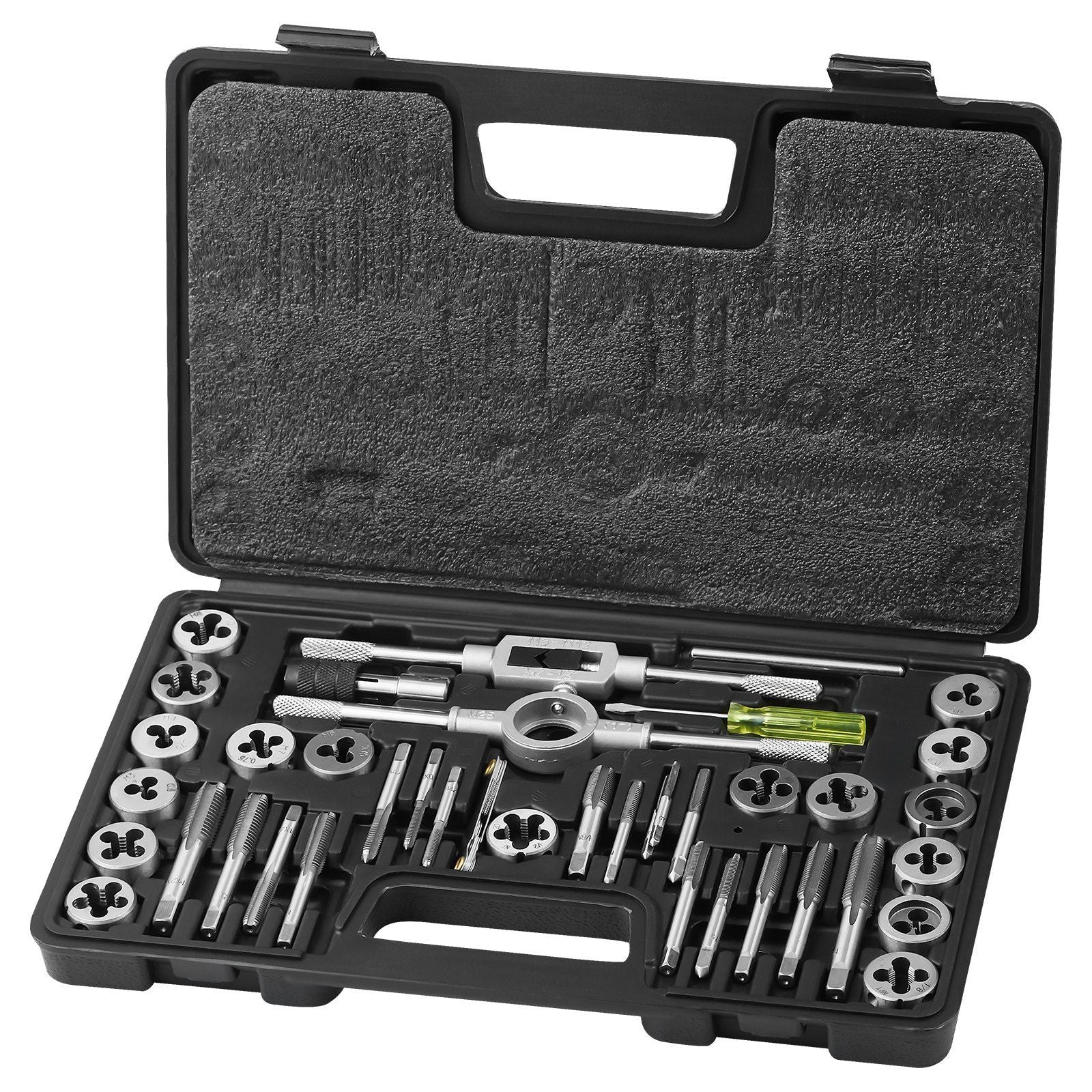 VYSN 40-piece tap and die set with metric sizes M3 to M12, bearing steel tools, in storage case for threading and metalworking.