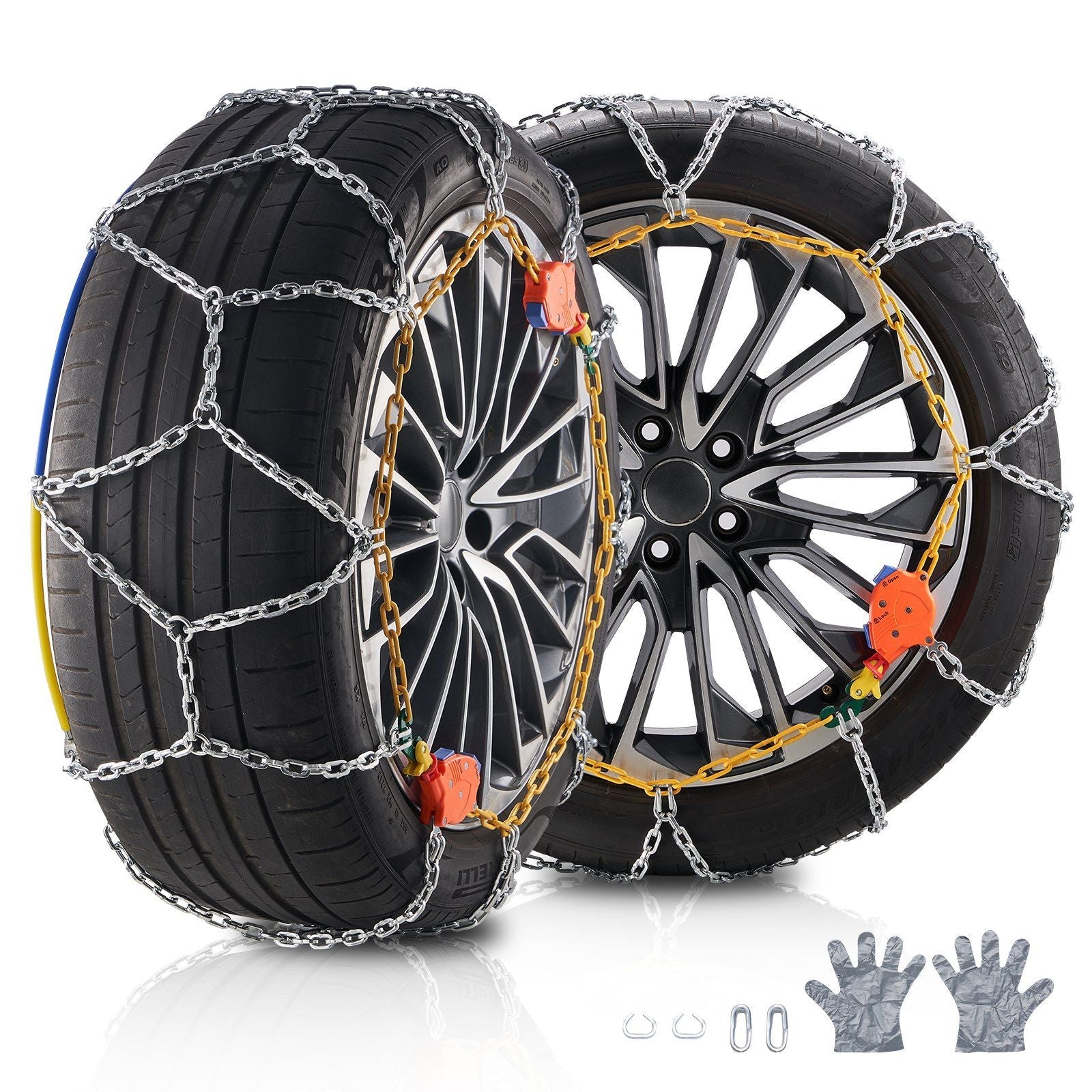 VYSN auto-tightening snow chains with diamond mesh pattern, anti-slip traction wheel chains for improved vehicle grip in winter conditions.