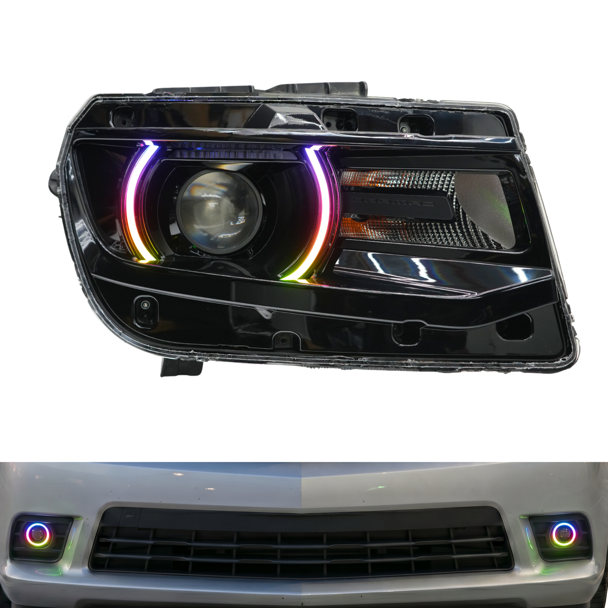 Chevrolet Camaro RS/SS 2014-2015 multicolor DRL boards with RGB Halo Kits installed on fog lights and headlights.