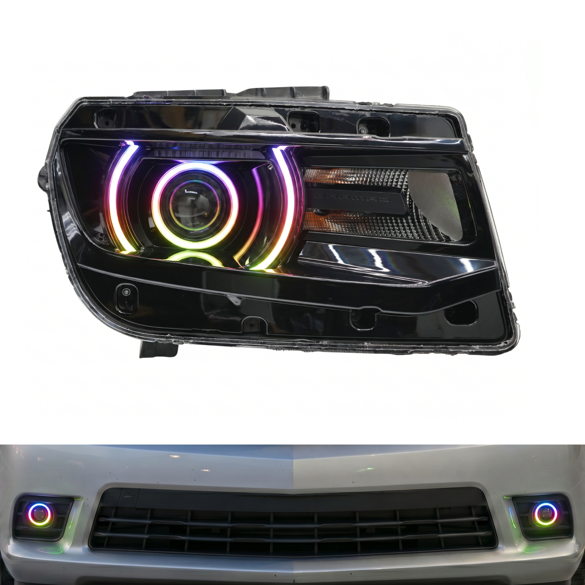 Chevrolet Camaro RS/SS 2014-2015 multicolor DRL boards with RGB Halo Kits installed in headlight and foglight halos.