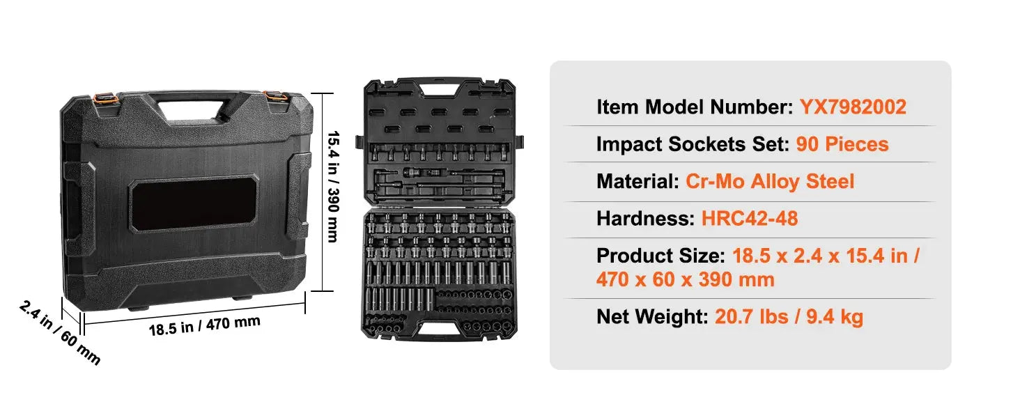 SucceBuy 90PCs 3/8" Drive Impact Socket Set SAE 1/4"-3/4" and Metric 6-19mm Socket Set 6 Point Cr-Mo Alloy Steel for Auto Repair Gm Service Guy