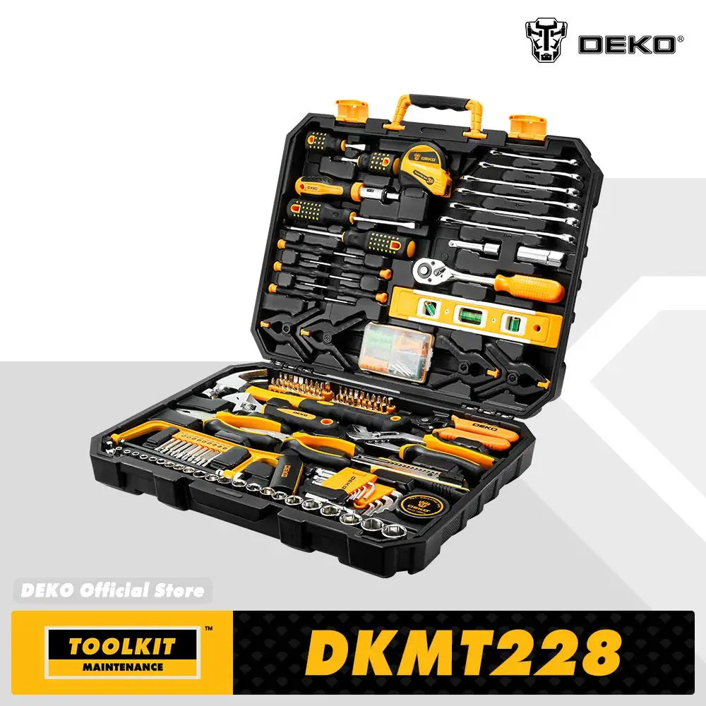 DEKO 228Pcs Socket Wrench Auto Repair Tool Combination Package Mixed Tool Set Hand Tool Kit with Plastic Toolbox Storage Case Gm Service Guy