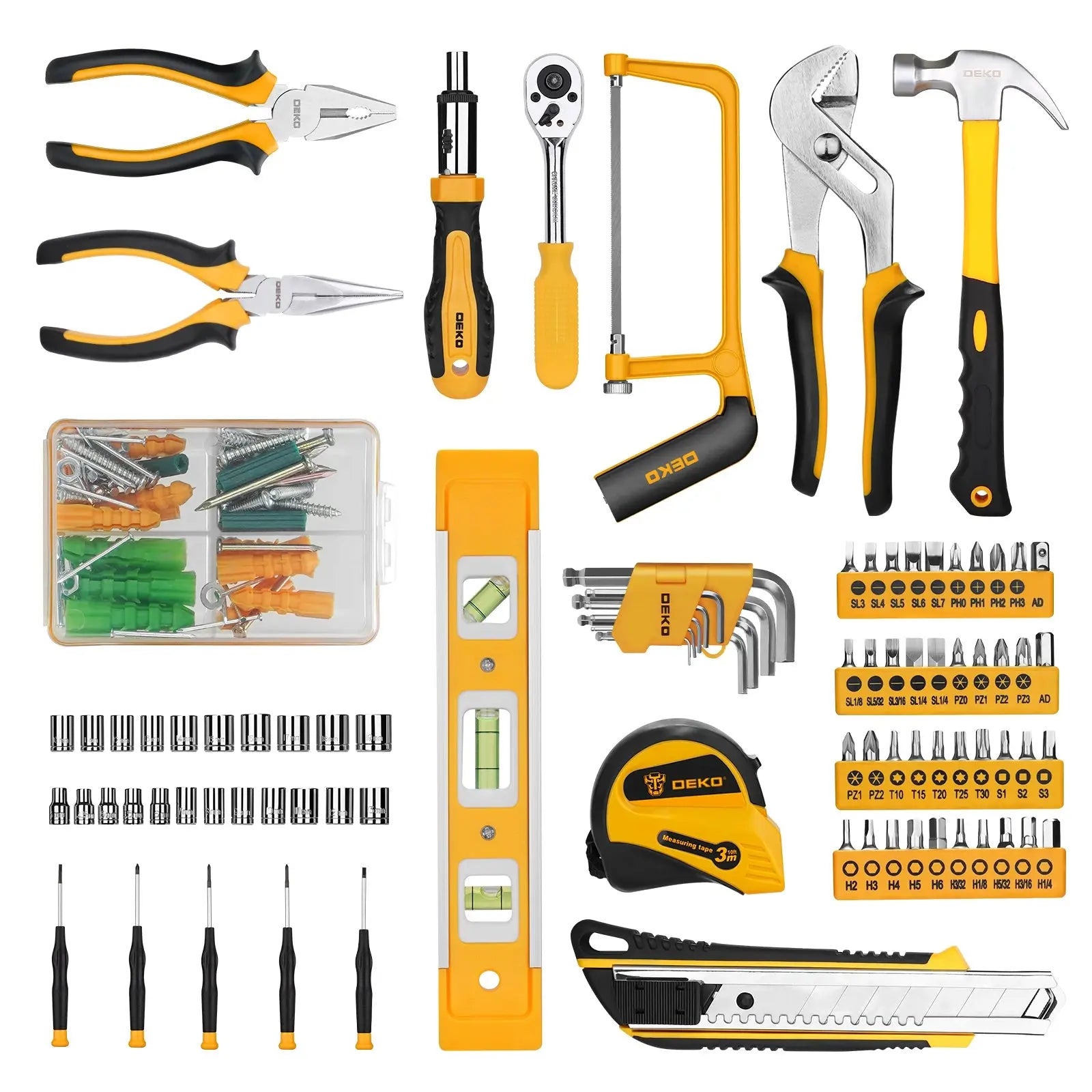 DEKO 228Pcs Socket Wrench Auto Repair Tool Combination Package Mixed Tool Set Hand Tool Kit with Plastic Toolbox Storage Case Gm Service Guy