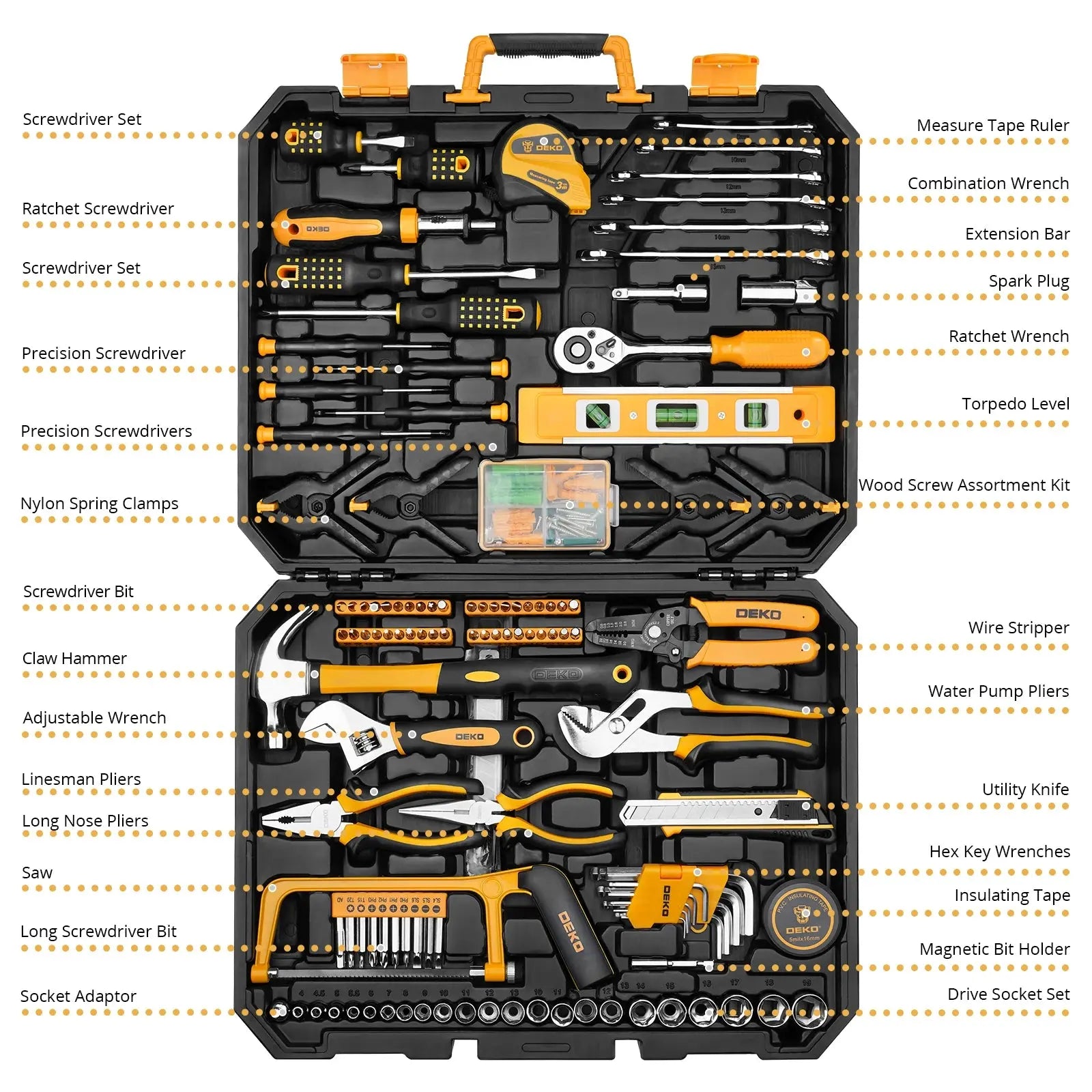 DEKO 228Pcs Socket Wrench Auto Repair Tool Combination Package Mixed Tool Set Hand Tool Kit with Plastic Toolbox Storage Case Gm Service Guy
