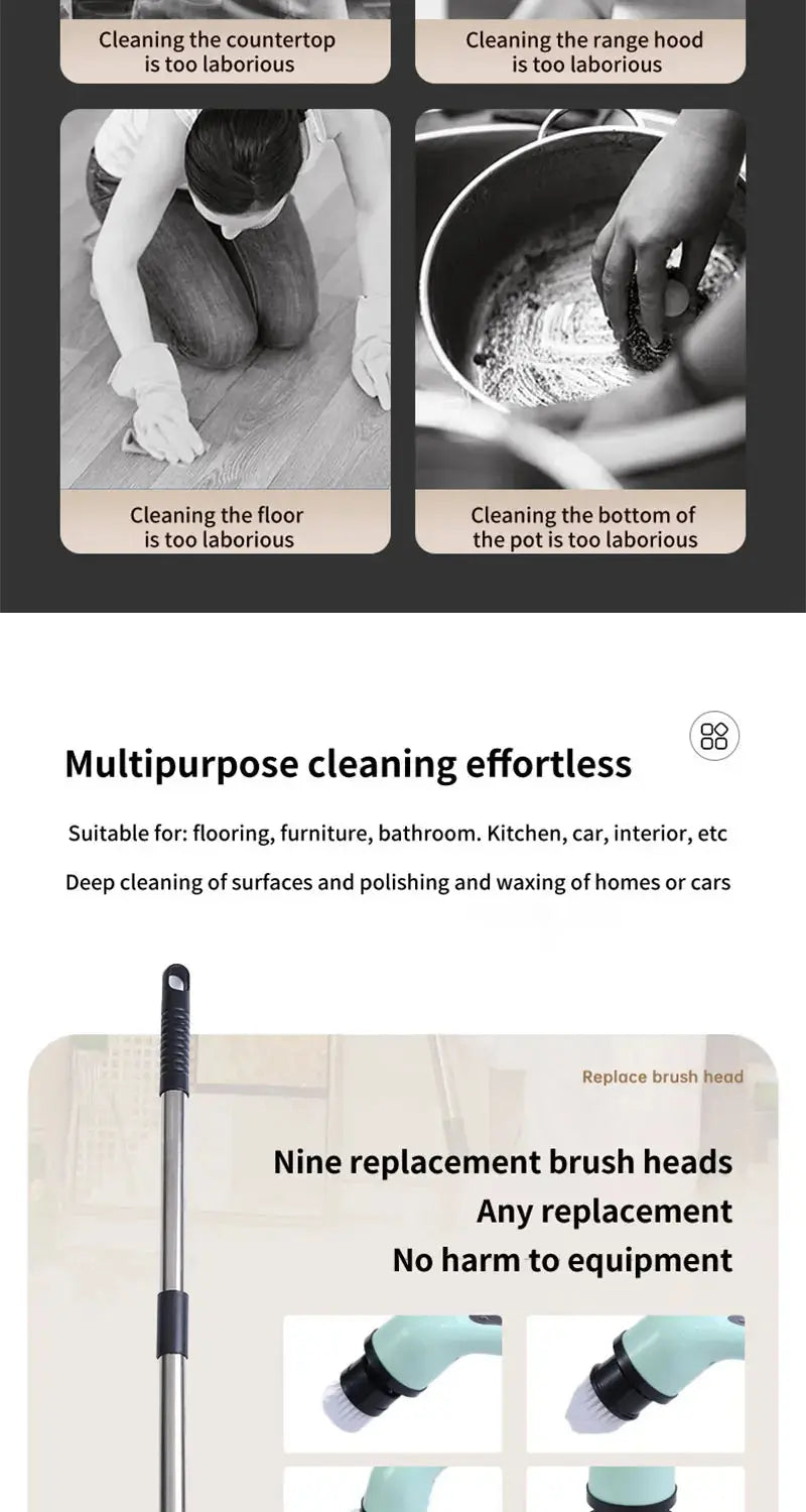 9-in-1 Multifunctional Wireless Electric Cleaning Brush Household Kitchen Bathroom Brush USB Handheld Rotating Cleaning tools Gm Service Guy