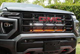 2023+ GMC Canyon with M&R Automotive dual 30-inch LED light bars installed on the front grille.