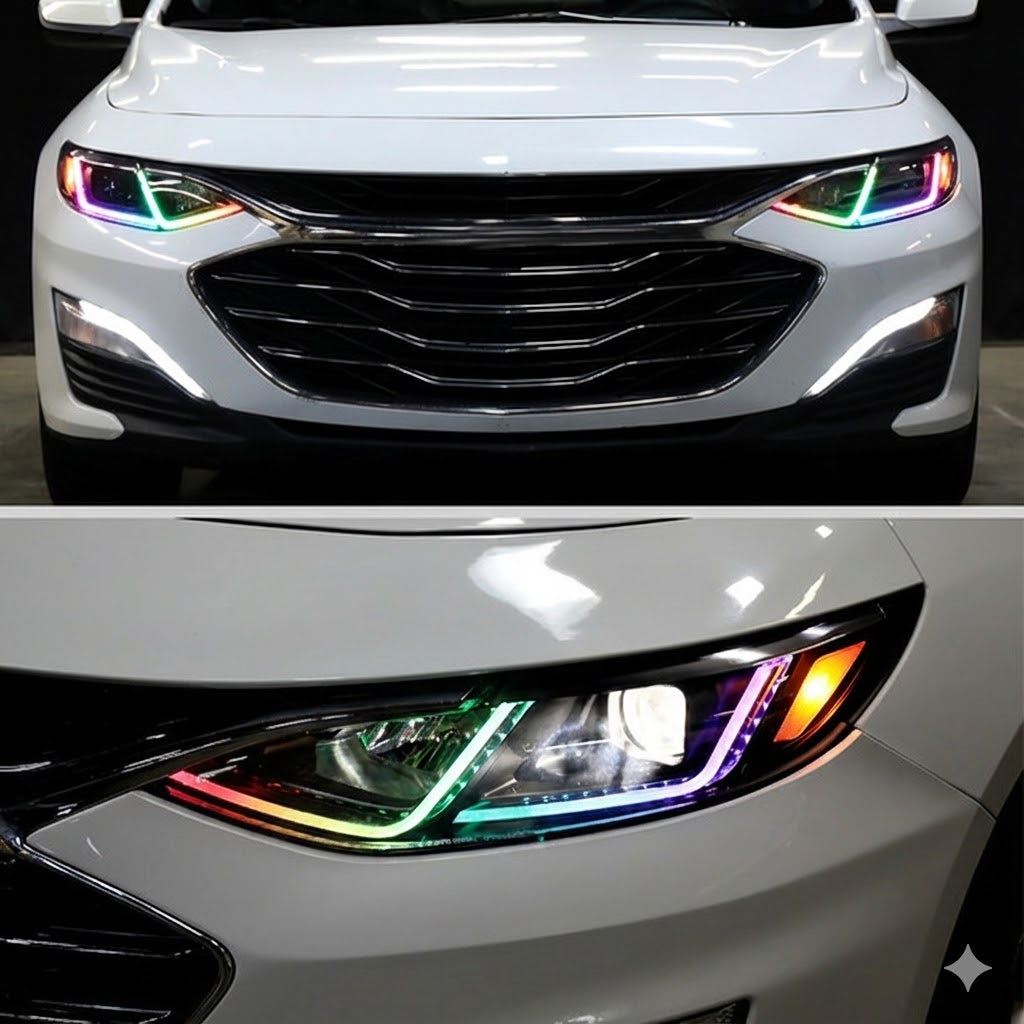NTXGlow RGB headlights installed on a 2019-2024 Chevy Malibu, showcasing vibrant multi-color LED lighting and sleek design.