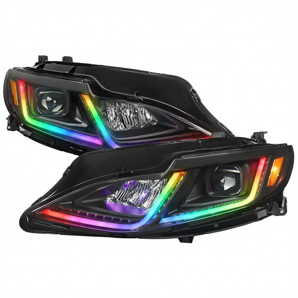NTXGlow RGB headlights installed on a 2019-2024 Chevy Malibu showing vibrant multi-color lighting and modern design.
