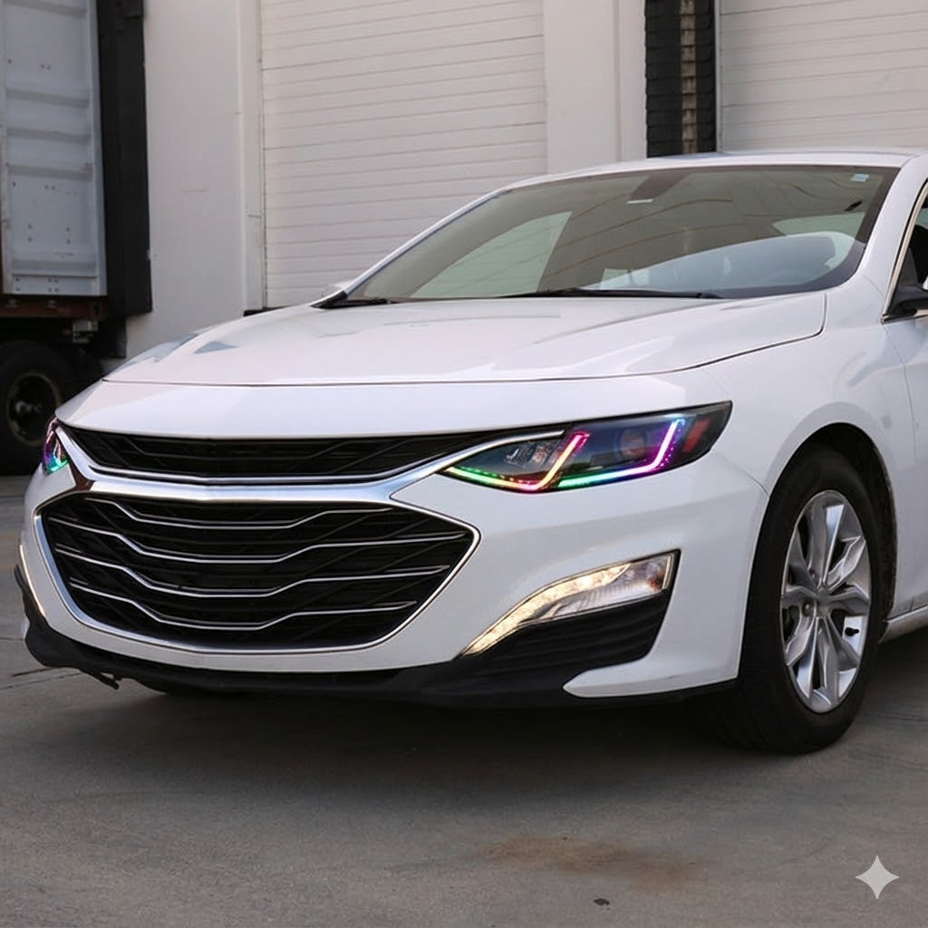 NTXGlow RGB headlights for 2019-2024 Chevy Malibu, featuring customizable LED lights and modern headlight design.