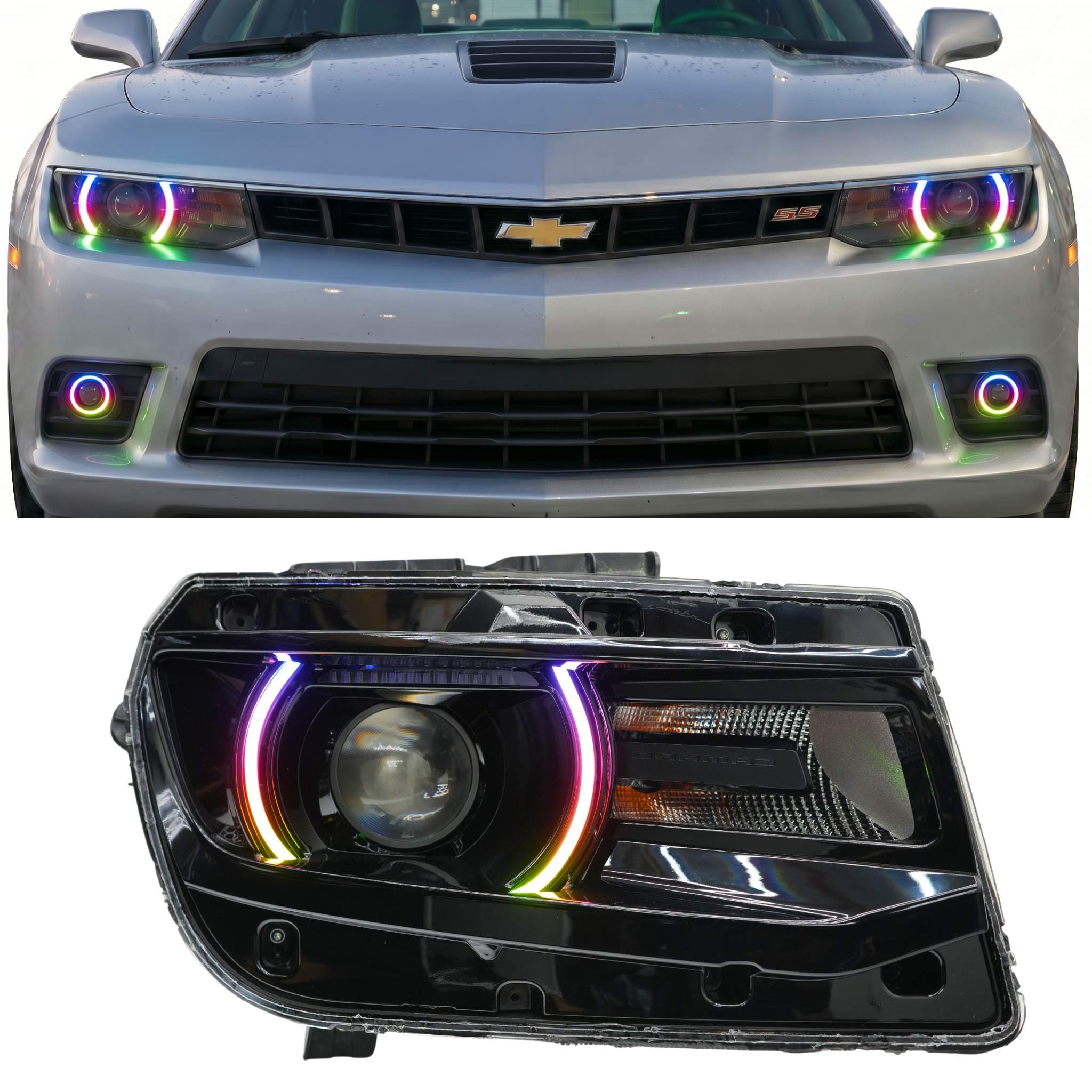 Chevrolet Camaro RS/SS 2014-2015 multicolor DRL boards with RGB Halo Kits, featuring vibrant LED lighting and sleek design.