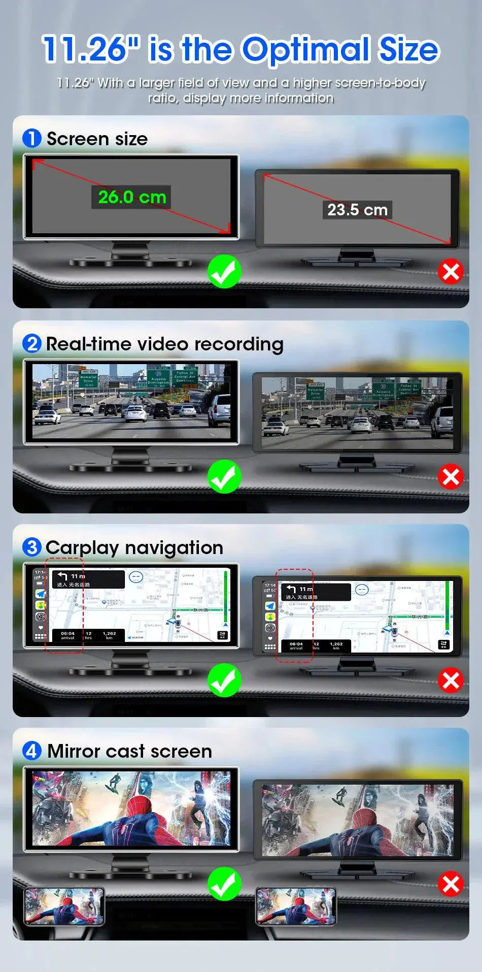 11.26 inch Car DVR 4K Dash Cam Dual Lens Wireless Carplay & Android Auto Video Recorder Monitor GPS Navigation 5G Wifi FM AUX MANDOTOS