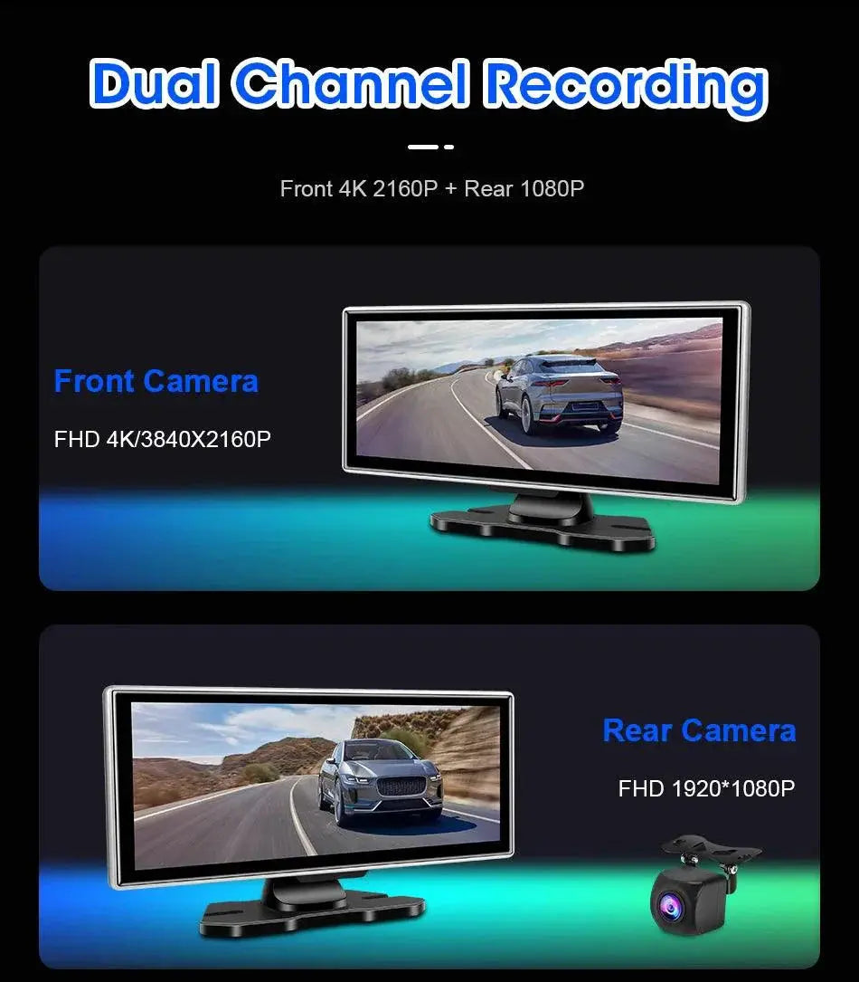 11.26 inch Car DVR 4K Dash Cam Dual Lens Wireless Carplay & Android Auto Video Recorder Monitor GPS Navigation 5G Wifi FM AUX MANDOTOS