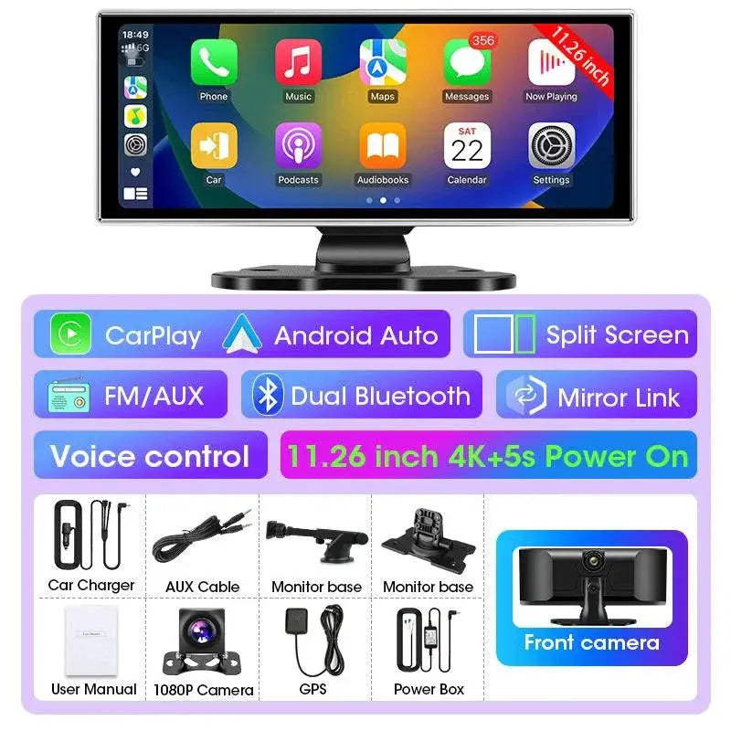 11.26 inch Car DVR 4K Dash Cam Dual Lens Wireless Carplay & Android Auto Video Recorder Monitor GPS Navigation 5G Wifi FM AUX MANDOTOS