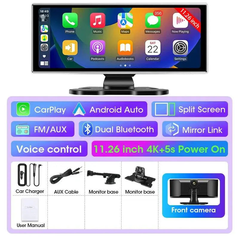 11.26 inch Car DVR 4K Dash Cam Dual Lens Wireless Carplay & Android Auto Video Recorder Monitor GPS Navigation 5G Wifi FM AUX MANDOTOS