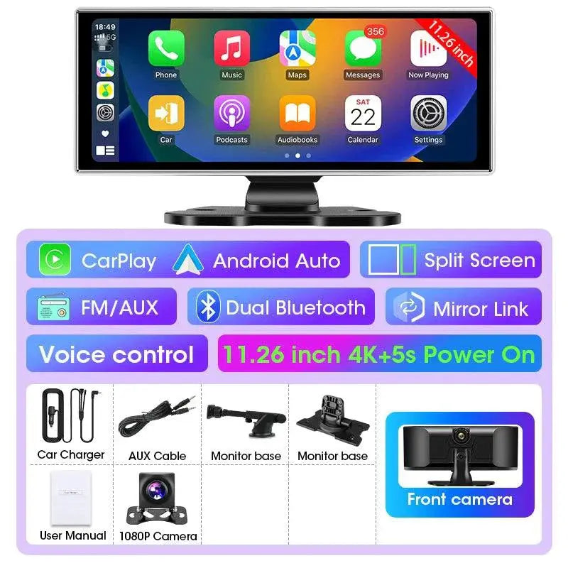 11.26 inch Car DVR 4K Dash Cam Dual Lens Wireless Carplay & Android Auto Video Recorder Monitor GPS Navigation 5G Wifi FM AUX MANDOTOS
