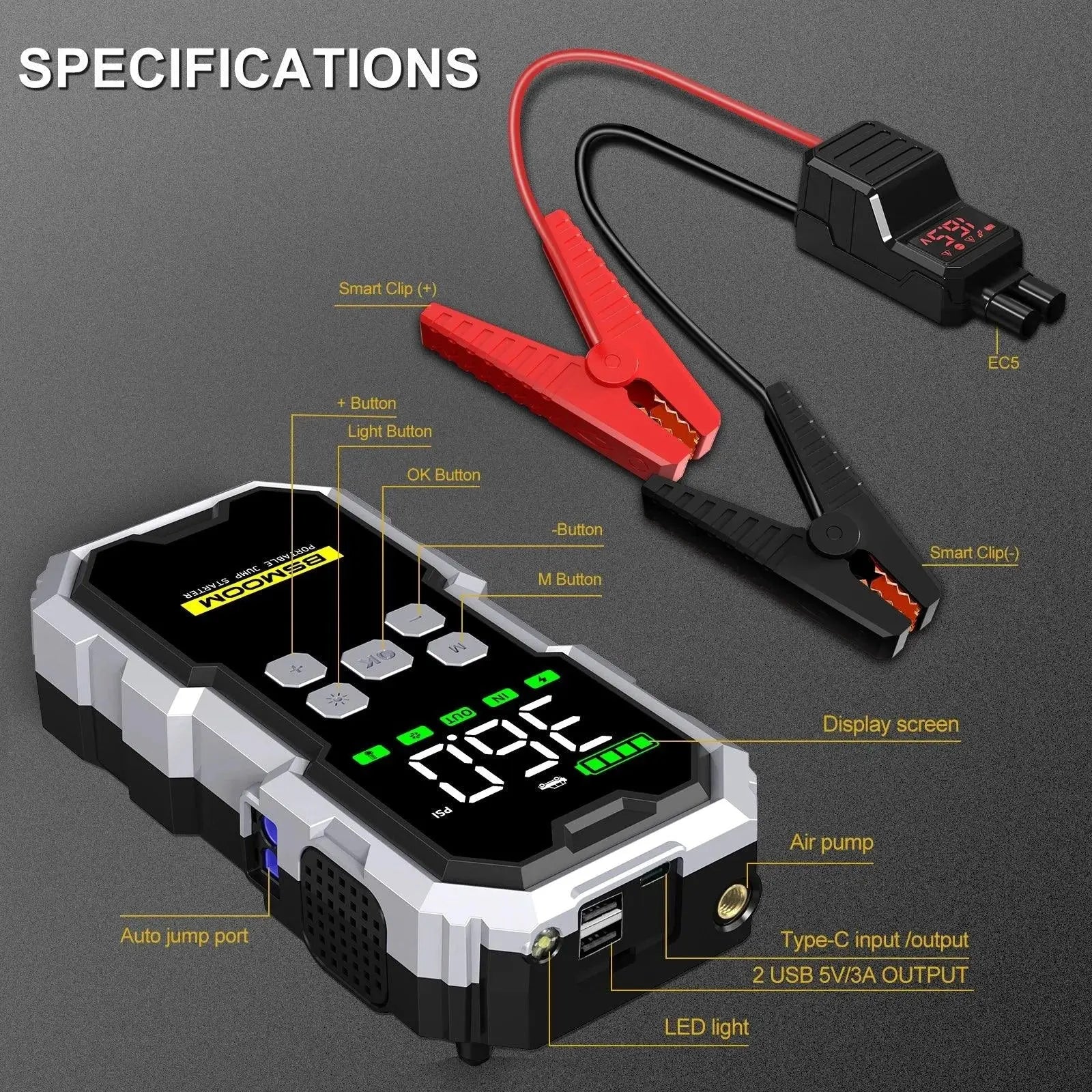 MANDOTOS Car Jump Starter Pro With Air Compressor 6000A 21800mAh LCD Display Portable Booster Charger MANDOTOS
