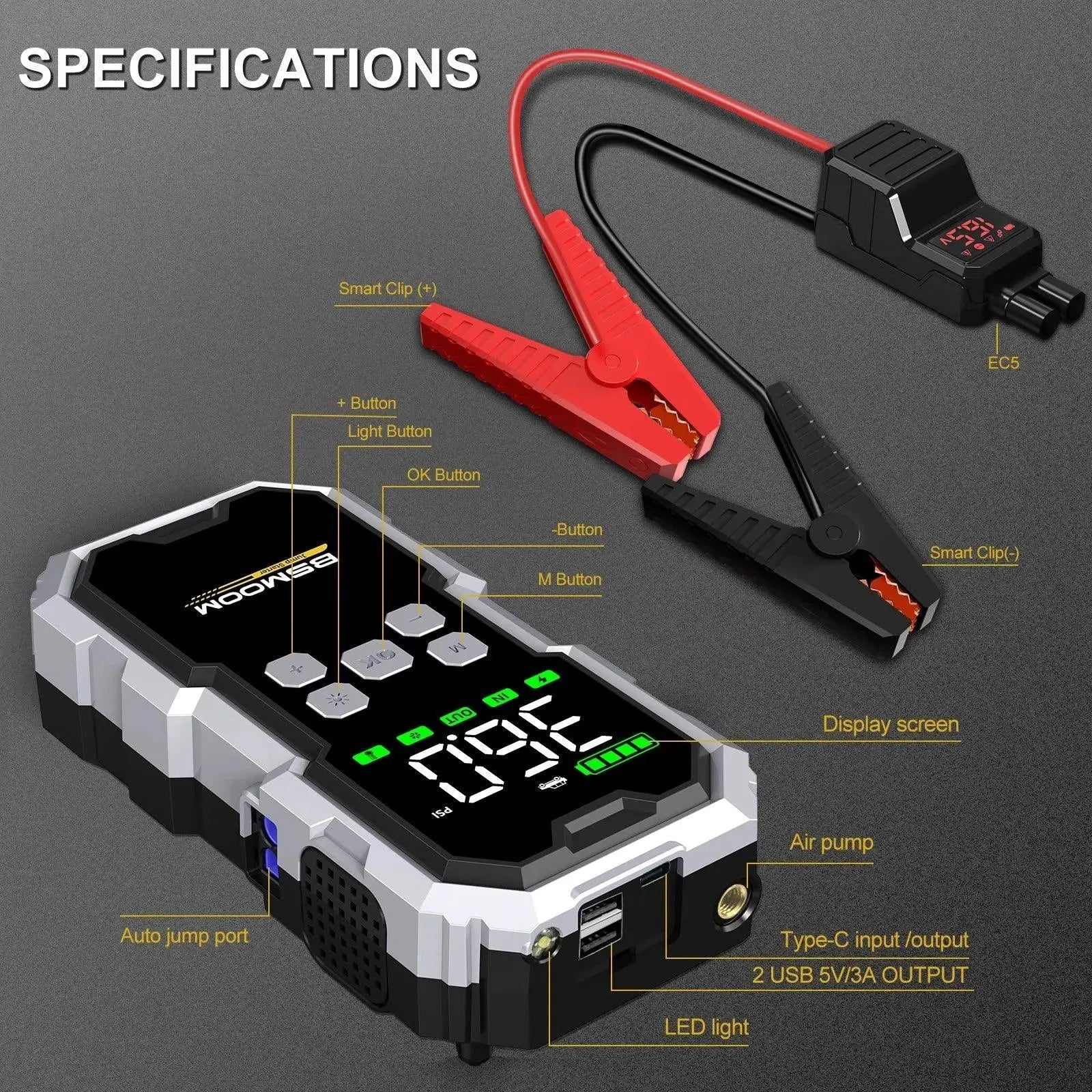 MANDOTOS Car Jump Starter Pro With Air Compressor 6000A 21800mAh LCD Display Portable Booster Charger MANDOTOS