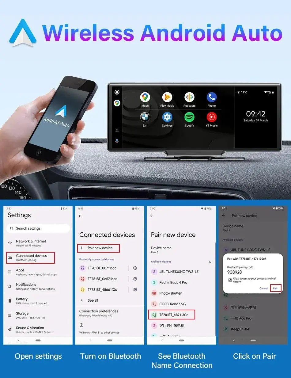 4K 10.26'' Mirror Dash Cam w/ Carplay & Android Auto MANDOTOS