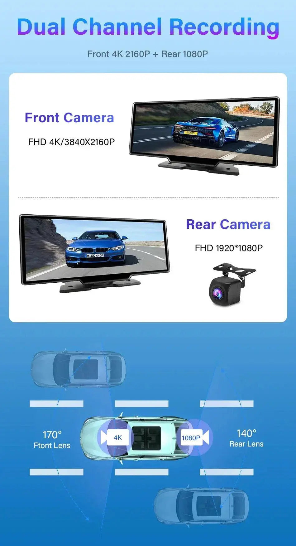 4K 10.26'' Mirror Dash Cam w/ Carplay & Android Auto MANDOTOS
