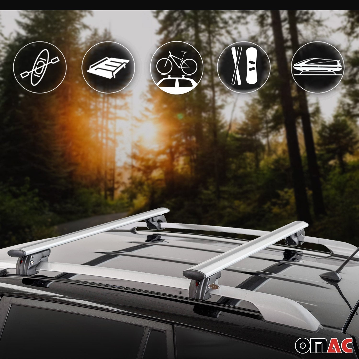 OMAC USA 2005-2009 Chevrolet Uplander Roof Rack Cross Bars Silver, raised roof rails, top view