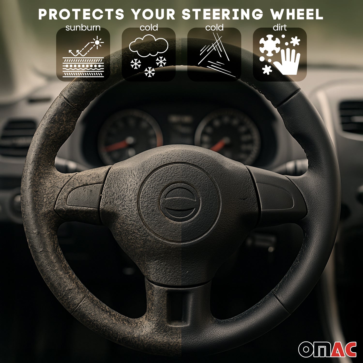 OMAC USA 14.5-15.5’’ Steering Wheel Cover Black Leather Anti-slip Breathable, close-up detail