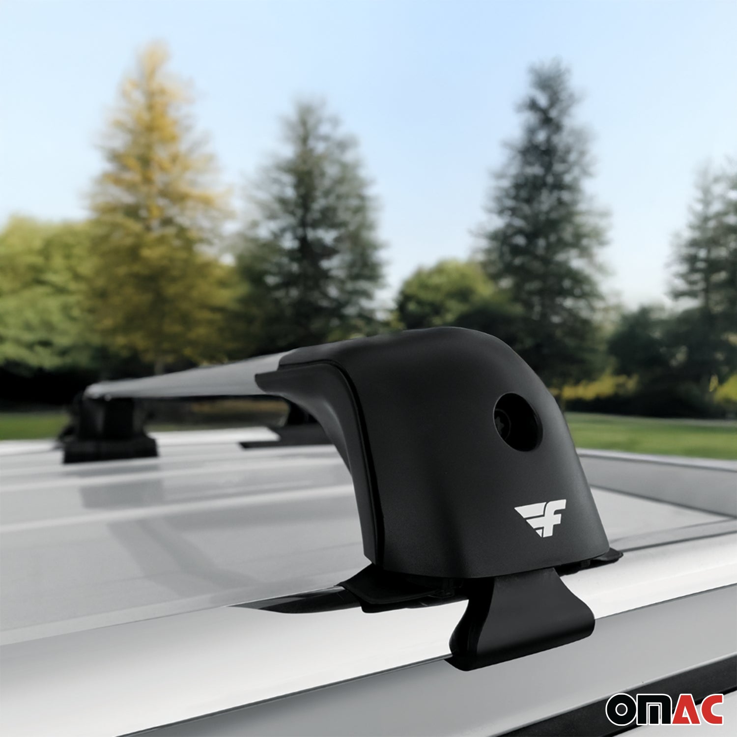OMAC USA 2013-2015 Chevrolet Spark Roof Racks Cross Bars Silver, raised roof rails, close-up detail