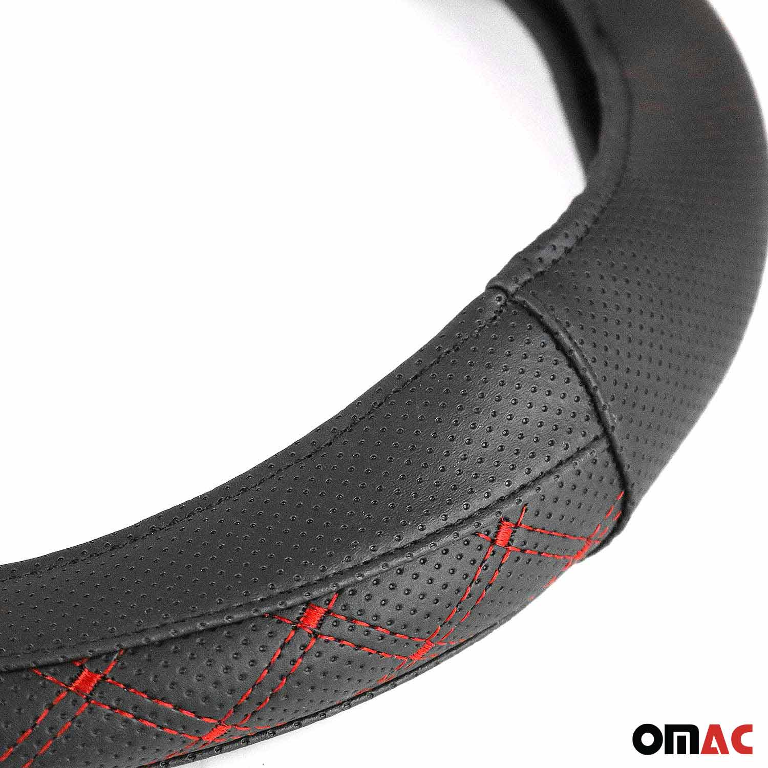 OMAC USA 14.5-15.5’’ Steering Wheel Cover Red Stitches Leather Anti-slip Breathable, fitment detail