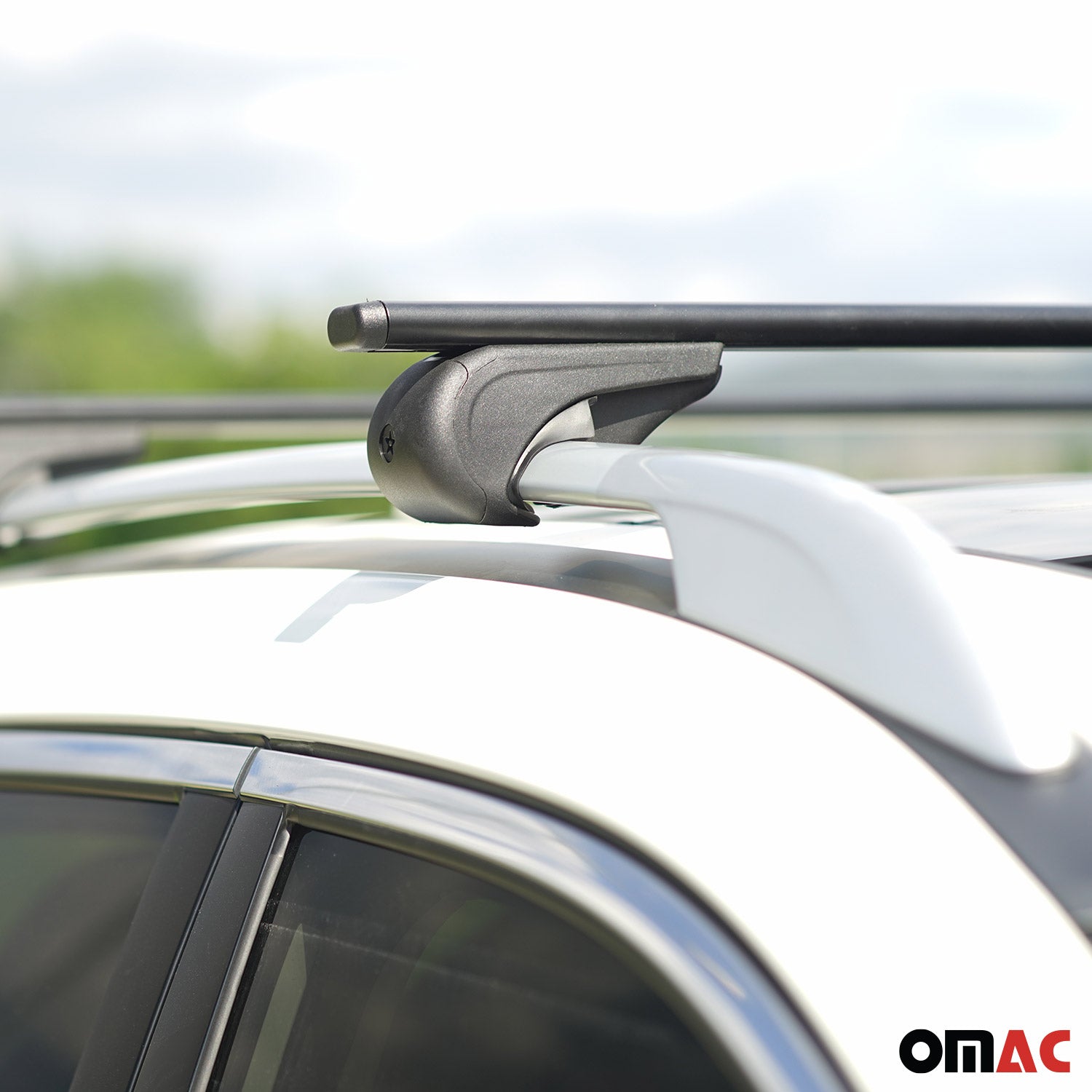 OMAC USA 2007-2014 Chevrolet Suburban Roof Rack Cross Bars Black, raised roof rails, side view