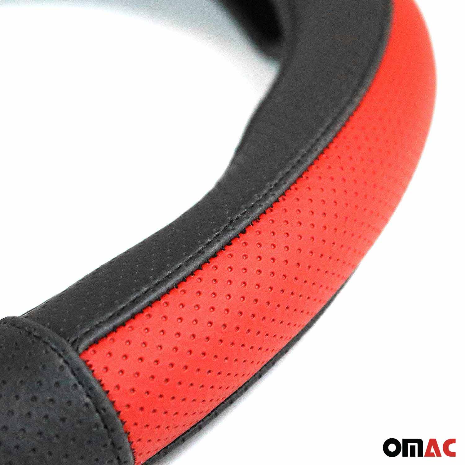OMAC USA 14.5-15.5’’ Steering Wheel Cover Half Moon Red Leather Anti-slip Breathable, fitment detail