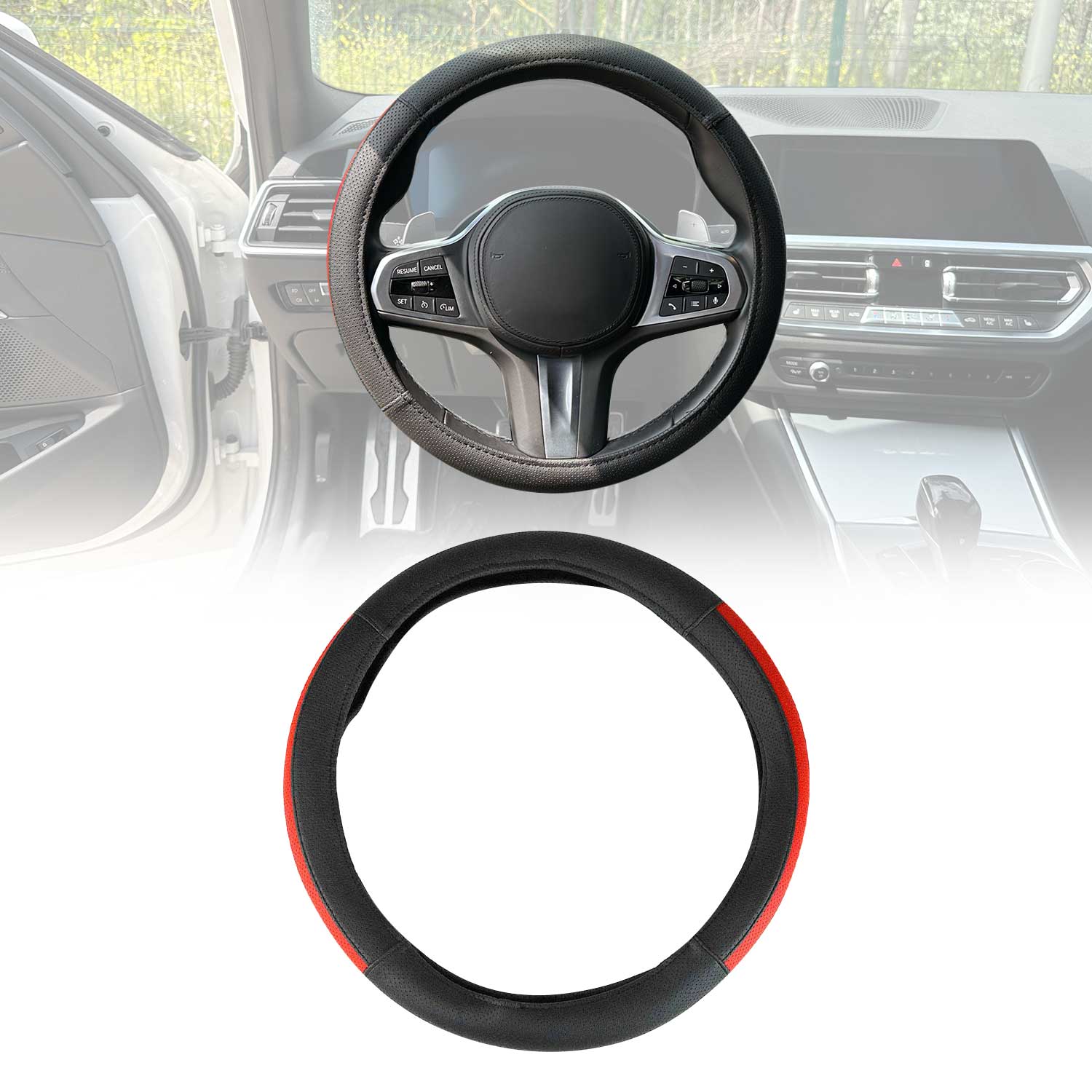 OMAC USA 14.5-15.5’’ Steering Wheel Cover Half Moon Red Leather Anti-slip Breathable