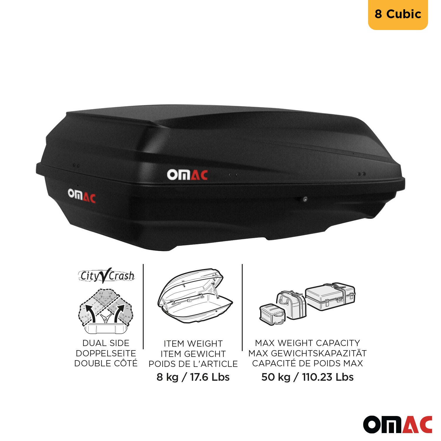 OMAC USA Roof Cargo Box 8 Cubic Feet Dual-Side Opening Black, roof boxes, side view